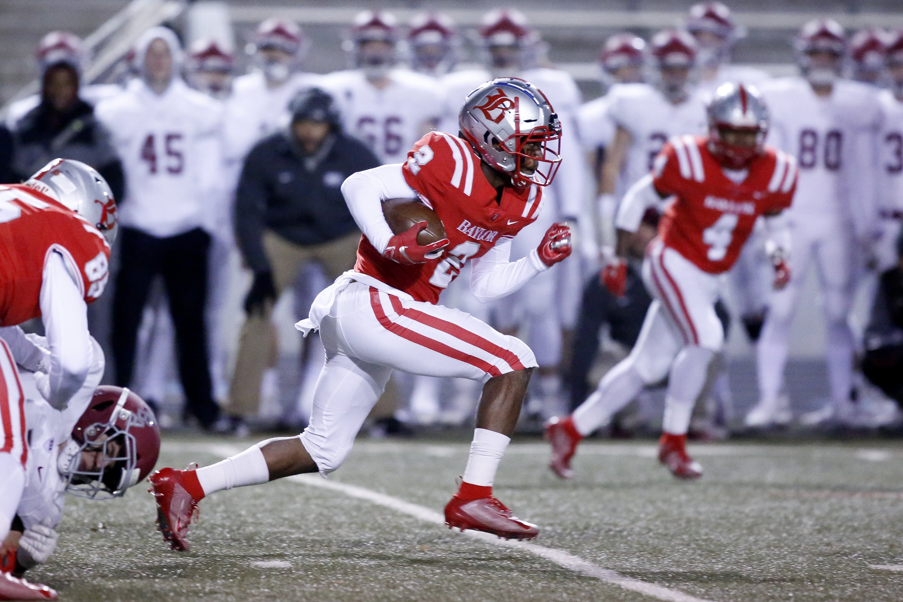Staff photo by C.B. Schmelter / Baylor's Elijah Howard (2) rushes against MBA during the Division II-AAA quarterfinals at Heywood Stadium on the campus of Baylor School on Friday, Nov. 15, 2019 in Chattanooga, Tenn.