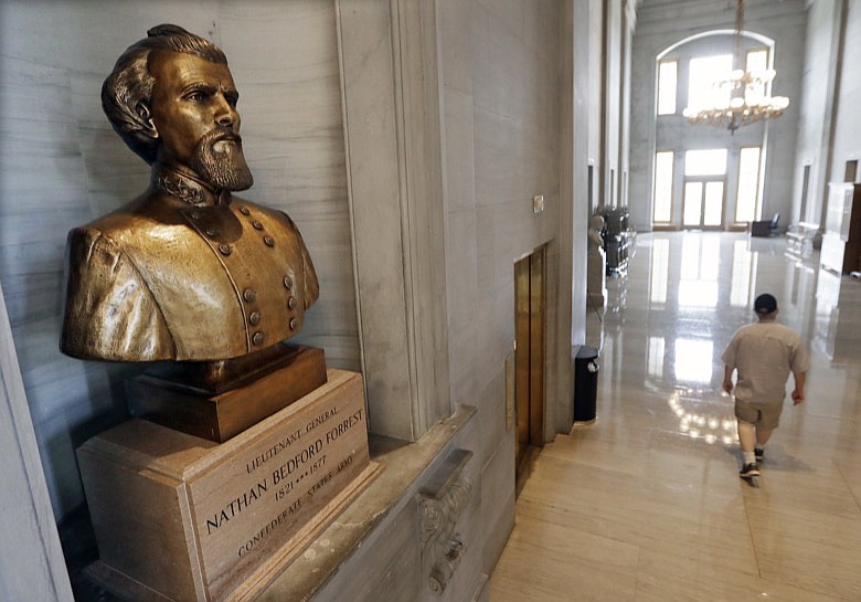 A bust of Nathan Bedford Forrest is displayed in the Tennessee State Capitol Thursday, Aug. 17, 2017, in Nashville, Tenn. (AP Photo/Mark Humphrey)