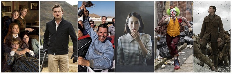 This combination photo shows scenes from six Oscar nominated films, from left, "Little Women," "Once Upon a Time... in Hollywood," "Ford v. Ferrari," "Parasite," "Joker," and "1917." The Oscars will be held on Sunday, Feb. 9. (Sony/Sony/20th Century Fox/Neon/Warner Bros/Universal Pictures via AP)

