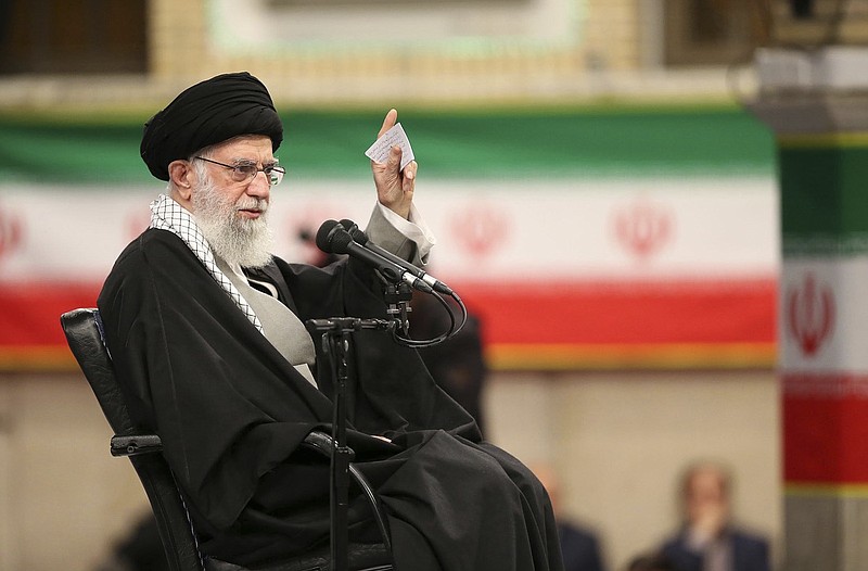 In this photo released by the official website of the office of the Iranian supreme leader, Supreme Leader Ayatollah Ali Khamenei speaks in a meeting in Tehran, Iran, Feb. 5, 2020. Khamenei said Wednesday that Donald Trump's Mideast plan will not outlive the president. (Office of the Iranian Supreme Leader via AP)