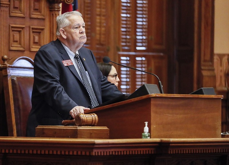 House Speaker David Ralston presides over Wednesday's session after a vote to adjourn on Feb. 5, 2020 in Atlanta. Georgia's lawmakers will take an unscheduled break and use the time to try to patch up the state's ailing budget. House and Senate leaders announced Wednesday that the chambers will adjourn until Feb. 18. During that time, House Appropriations Committee Chairman Terry England says House budget subcommittees will keep meeting. (Bob Andres/Atlanta Journal-Constitution via AP)


