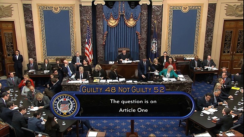 In this image from video, the vote total, 52-48 for not guilty, on the first article of impeachment, abuse of power, is displayed on screen during the impeachment trial against President Donald Trump in the Senate at the U.S. Capitol in Washington, Wednesday, Feb. 5, 2020. (Senate Television via AP)