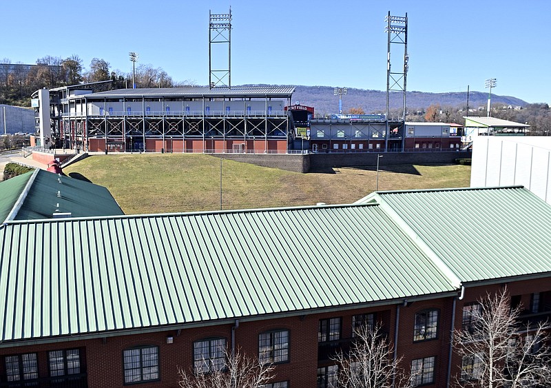 Staff Photo by Robin Rudd/ AT&T Field, the home of the Chattanooga Lookouts, sets upon Hawk Hill in this view from a parking garage between Chestnut and Broad Streets. In the foreground stands the Residence Inn by Marriott. RiverCity Co. is hiring consultants to help study ways to energize the riverfront from Fourth Street to the River, including Hawk Hill. The area was photographed on December 5, 2019.
