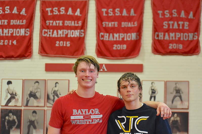 Staff photo by Patrick MacCoon / From left, Baylor seniors Barrett Chambers and Noah Horst hope to help their nationally ranked wrestling team win the TSSAA Division II state duals title this weekend in Franklin.