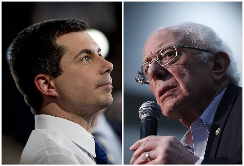 This combination of Jan. 26, 2020, photos shows at left, Democratic presidential candidate former South Bend, Ind., Mayor Pete Buttigieg on Jan. 26, 2020, in Des Moines, Iowa; and at right Democratic presidential candidate Sen. Bernie Sanders, I-Vt., in Sioux City, Iowa. After a daylong delay, partial results from Iowa's Democratic caucuses showed Buttigieg and Sanders ahead of the pack. (AP Photo)

