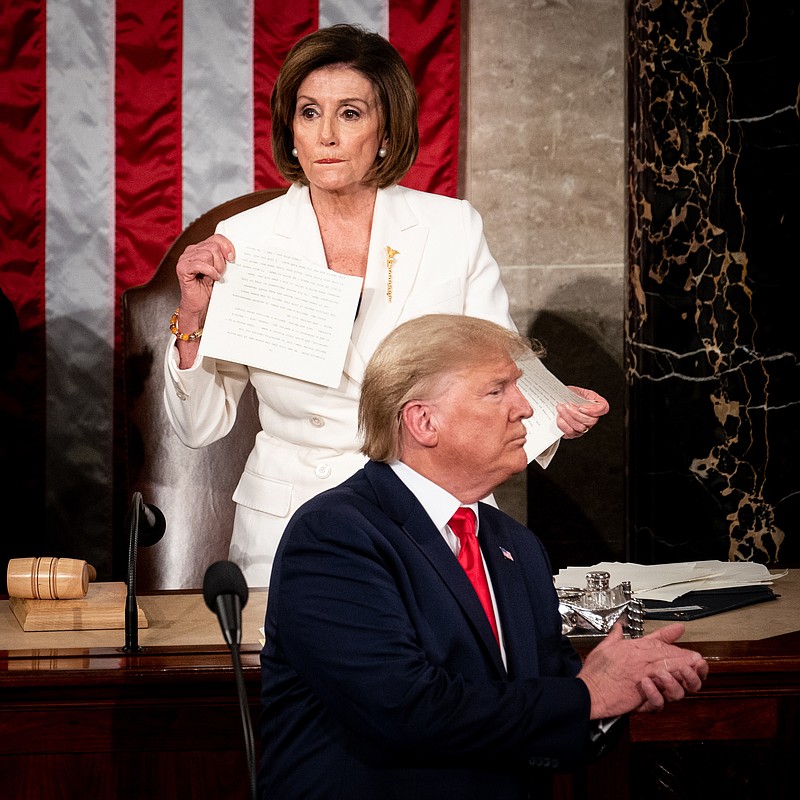 Erin Schaff, The New York Times/House Speaker Nancy Pelosi, D-California, rips a copy of President Donald Trump's speech at the conclusion of his State of the Union address on Capitol Hill on Tuesday. Trump, who snubbed her outstretched hand greeting at the beginning of the speech, has attacked Pelosi and others repeatedly since.