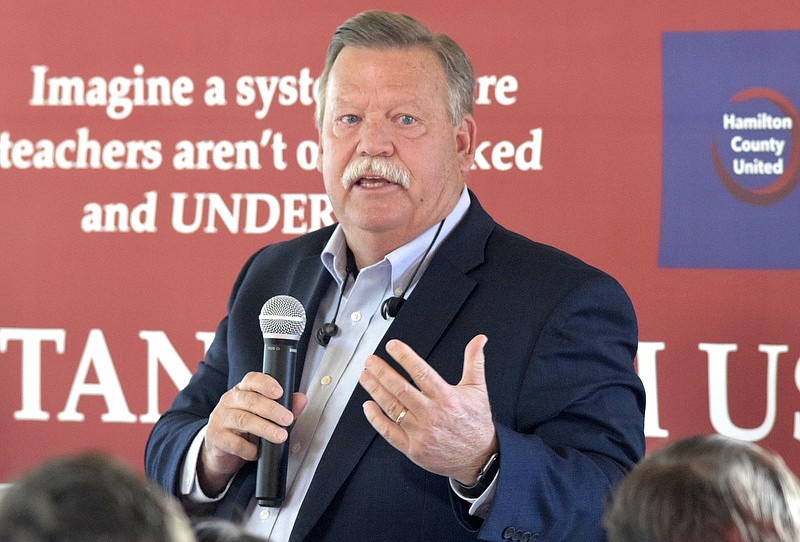 Hamilton County Mayor Jim Coppinger talks to a town hall audience on Nov. 17, 2019. / Staff Photo by Robin Rudd