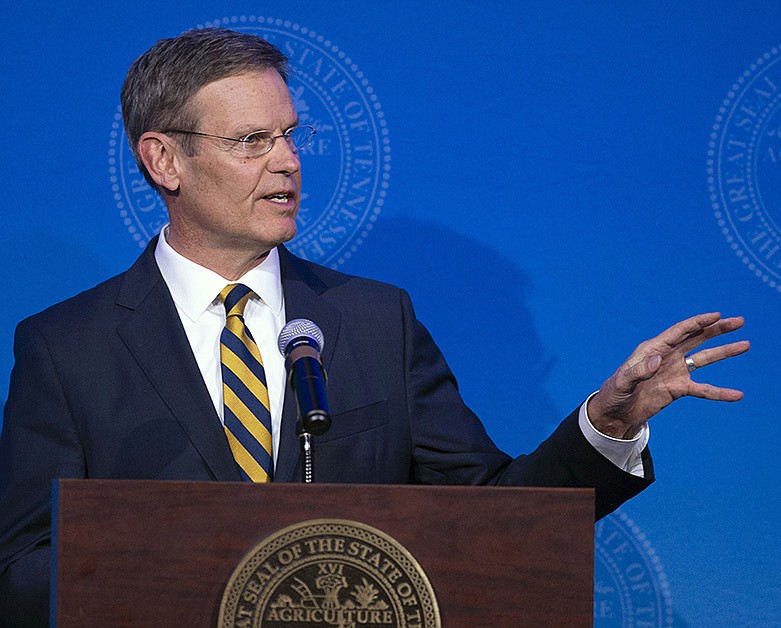 Tennessee Governor Bill Lee delivers his "State of East Tennessee" address Thursday night, Feb. 6, 2020, at the East Tennessee State University Millenium Center in Johnson City, Tenn. (David Crigger/Bristol Herald Courier via AP)