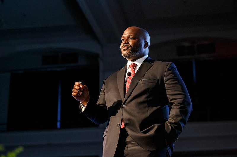 Hamilton County Schools Superintendent Bryan Johnson gives a "State of the System" address at Chattanooga School for the Arts and Sciences on Thursday, Feb. 7, 2019, in Chattanooga, Tenn. Johnson shared the current state of the school system and his outline for the future in an address to the community.