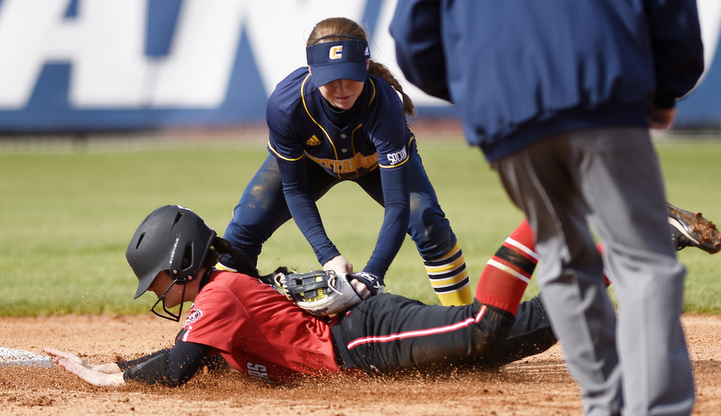 Staff Photo by Robin Rudd / UTC shortstop Emily Coltharp (9) takes out Peay's Bailey Shorter (8) who tried to stretch a single into a double. The University of Tennessee at Chattanooga Mocs defeated the Austin Peay Governors in NCAA softball 9 to 1 in the first game at Jim Frost Stadium on February 9, 2020.