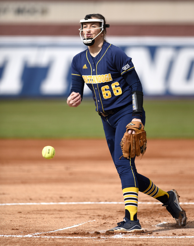 Staff Photo by Robin Rudd / Celie Hudson (66) pitches for UTC. The University of Tennessee at Chattanooga Mocs defeated the Austin Peay Governors in NCAA softball 9 to 1 in the first game at Jim Frost Stadium on February 9, 2020.