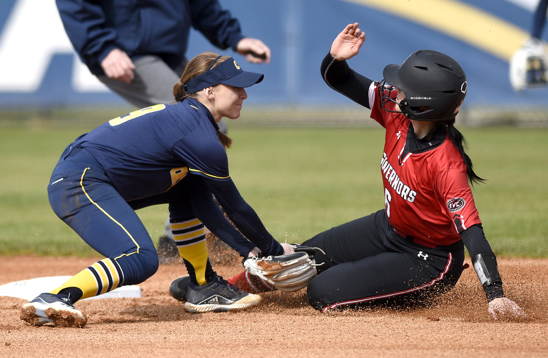 Staff Photo by Robin Rudd / UTC shortstop Emily Coltharp (9) tags out Peay's Bailey Shorter (6). Shorter was trying to steal second. The University of Tennessee at Chattanooga Mocs defeated the Austin Peay Governors in NCAA softball 9 to 1 in the first game at Jim Frost Stadium on February 9, 2020.