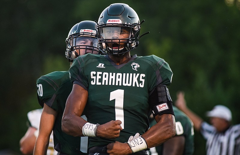 Photo by Cade Deakin/ Silverdaleճ Jordan Sanders (1) celebrates after making a stop on defense. The Notre Dame Fighting Irish visited the Silverdale Seahawks in TSSAA football action on September 6, 2019.