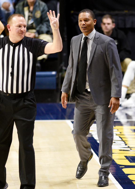 Staff Photo by Robin Rudd / UTC head coach Lamont Paris questions a official's call. The University of Tennessee at Chattanooga Mocs hosted the Virginia Military Institute Keydets in Southern Conference basketball at McKenzie Area in Chattanooga, Tenn. on February 12, 2020.