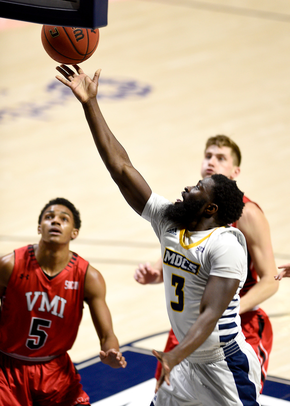 Staff Photo by Robin Rudd / UTC's David Jean-Baptiste (3) scores on a layup. The University of Tennessee at Chattanooga Mocs hosted the Virginia Military Institute Keydets in Southern Conference basketball at McKenzie Area in Chattanooga, Tenn. on February 12, 2020.