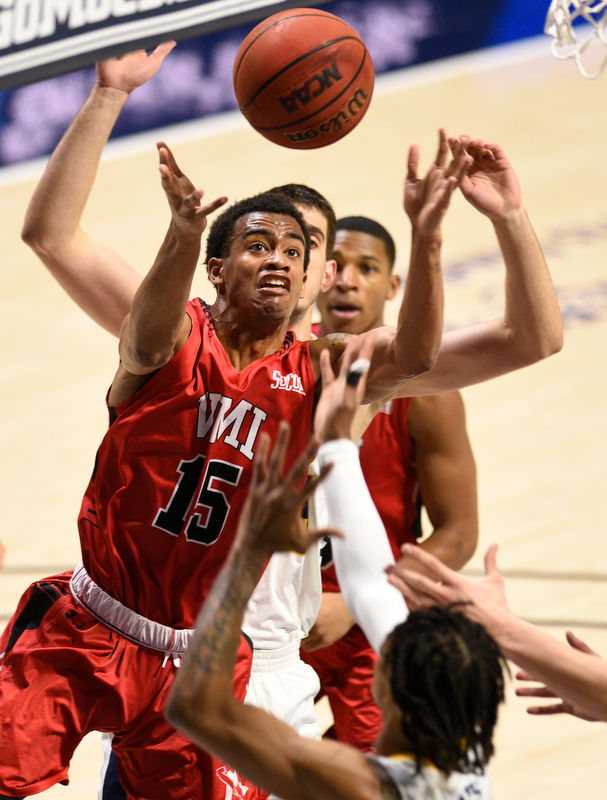 Staff Photo by Robin Rudd / VMI's Myles Lewis (15) pulls down a defensive rebound. The University of Tennessee at Chattanooga Mocs hosted the Virginia Military Institute Keydets in Southern Conference basketball at McKenzie Area in Chattanooga, Tenn. on February 12, 2020.