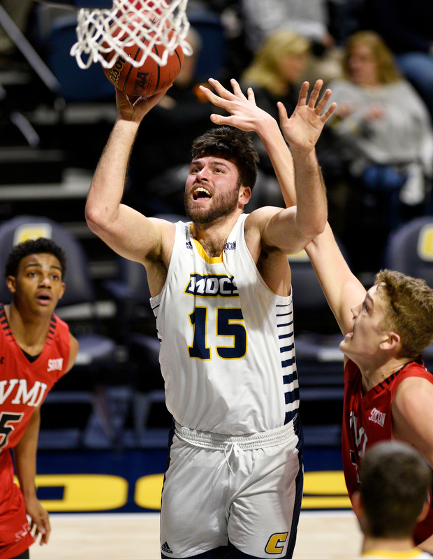 Staff Photo by Robin Rudd / UTC's Ramon Vila (15) scores on a jumper close in. The University of Tennessee at Chattanooga Mocs hosted the Virginia Military Institute Keydets in Southern Conference basketball at McKenzie Area in Chattanooga, Tenn. on February 12, 2020.