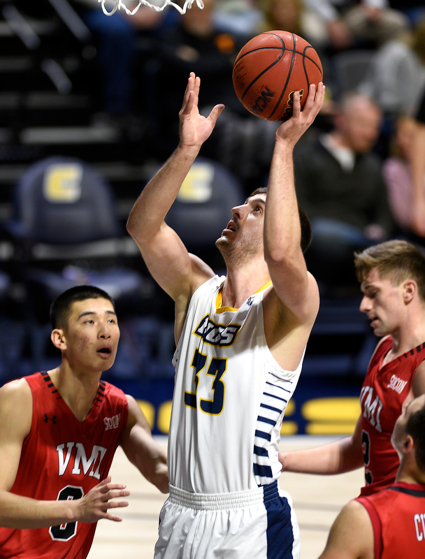 Staff Photo by Robin Rudd / UTC's Stefan Kenic (33) shoots from the center of the Keydet defense. The University of Tennessee at Chattanooga Mocs hosted the Virginia Military Institute Keydets in Southern Conference basketball at McKenzie Area in Chattanooga, Tenn. on February 12, 2020.