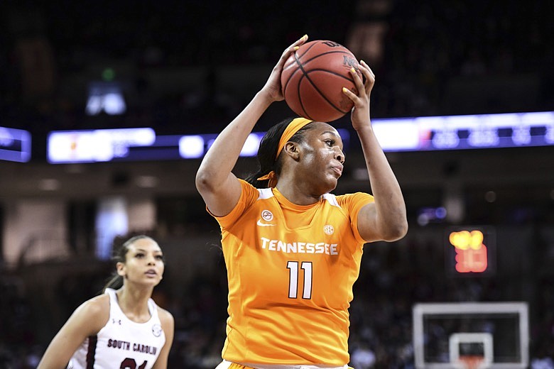 Tennessee center Kasiyahna Kushkituah (11) grabs a rebound during the first half of an NCAA college basketball game Sunday, Feb. 2, 2020, in Columbia, S.C. South Carolina defeated Tennessee 69-48. (AP Photo/Sean Rayford)