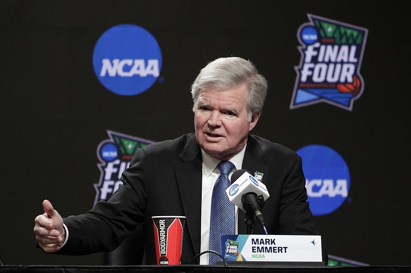 FILE - In this April 4, 2019, file photo, NCAA President Mark Emmert answers questions at a news conference at the Final Four college basketball tournament in Minneapolis. As Congress considers whether to allow college athletes to receive endorsement money, the NCAA and its allies spent nearly $1 million last year lobbying lawmakers to shape any reforms to the organization's liking. (AP Photo/Matt York, File)