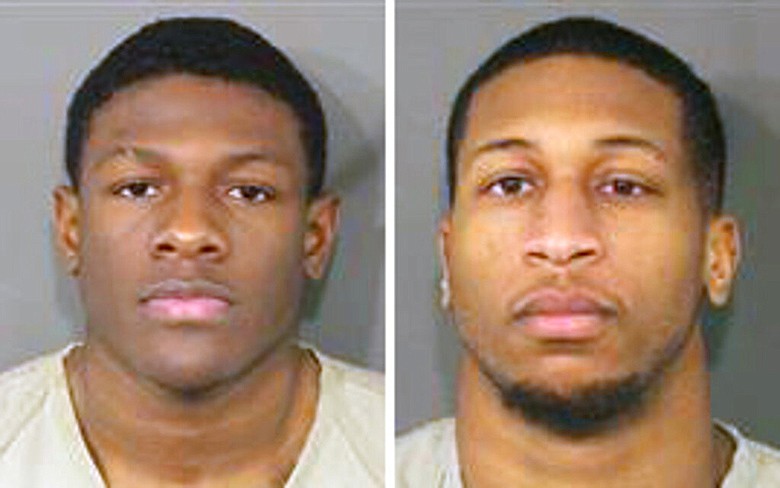 These photos provided by the Franklin County Ohio Sheriff show Jahsen Wint, left, and Amir I. Reip, right. Police say two Ohio State University football players have been charged with rape and kidnapping. The Columbus Dispatch reports that 21-year-old defensive players Amir I. Riep and Jahsen L. Wint were booked into jail early Wednesday, Feb. 12, 2020. (Franklin County Ohio Sheriff via AP)