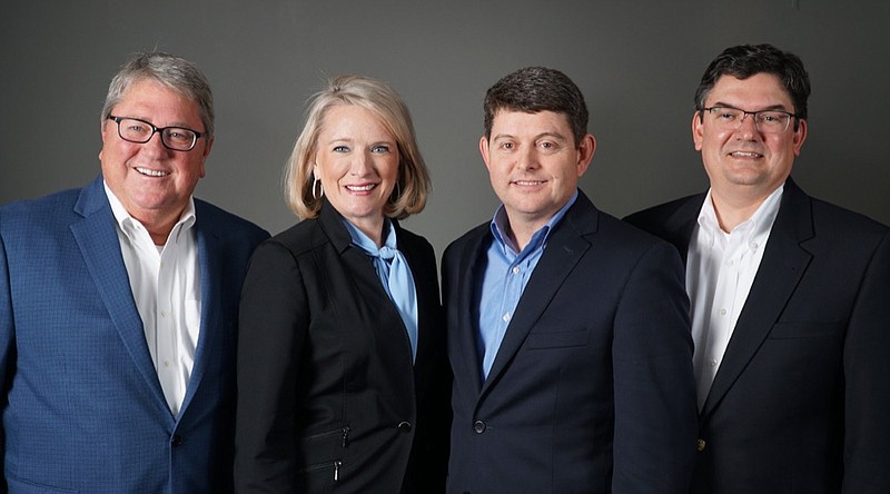The executive staff of the organizing group forming RockPoint Bank in Chattanooga include, from left, Kerry Riley, chief credit officer; Camille Daniel, chief lending officer; Patrick Jensen, chief financial officer, and Hamp Johnston, chief executive officer in February 2020 / Contributed photo from RockPoint Bank
