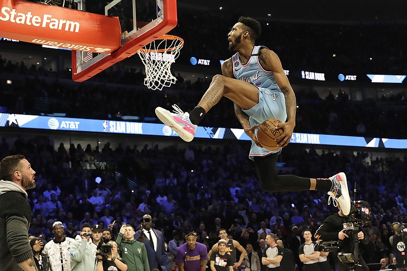 AP photo by Nam Y. Huh / The Miami Heat's Derrick Jones Jr. competes in the NBA All-Star dunk contest Saturday night in Chicago.
