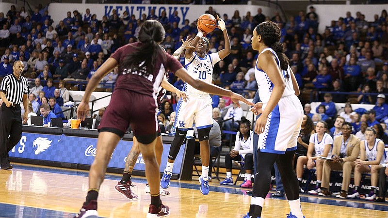 Kentucky sophomore guard Rhyne Howard (10) had 26 points and 10 rebounds in Sunday's 73-62 win over Mississippi State and now has 1,012 points in her 53-game college career. / University of Kentucky photo/Eddie Justice