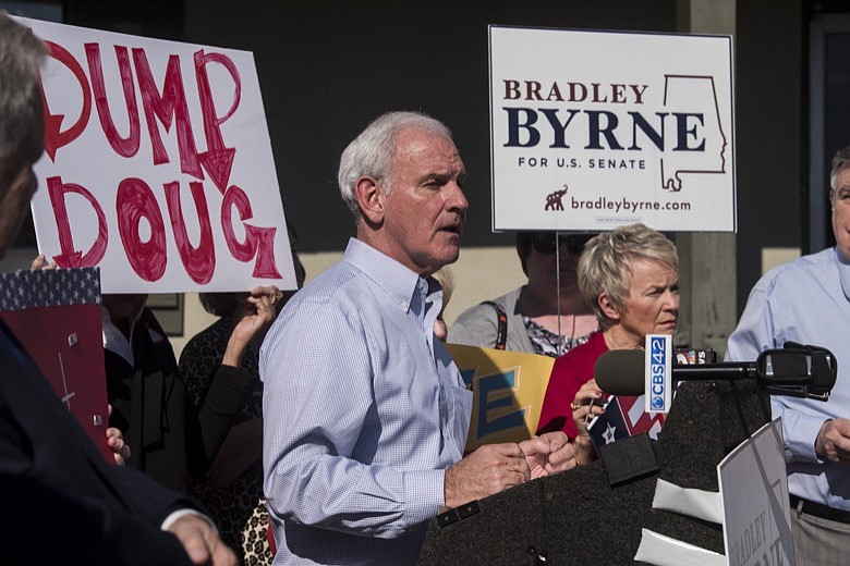 U.S. Senate candidate Bradley Byrne speaks to supporters at Farmers Market Cafe in Montgomery, Ala., on Tuesday, Jan. 28, 2020. (Jake Crandall/Montgomery Advertiser via AP)