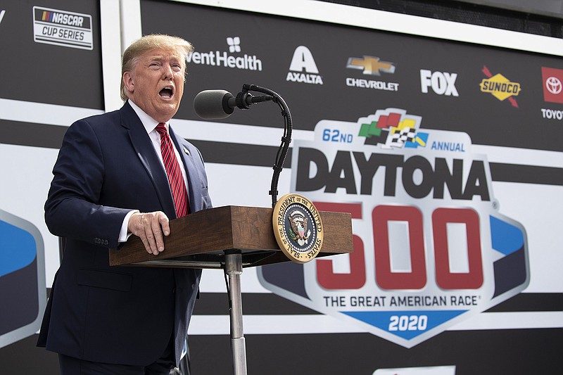 AP photo by Alex Brandon / President Donald Trump speaks before the start of the Daytona 500 on Sunday in Daytona Beach, Fla. Trump was the grand marshal for the NASCAR Cup Series opener.