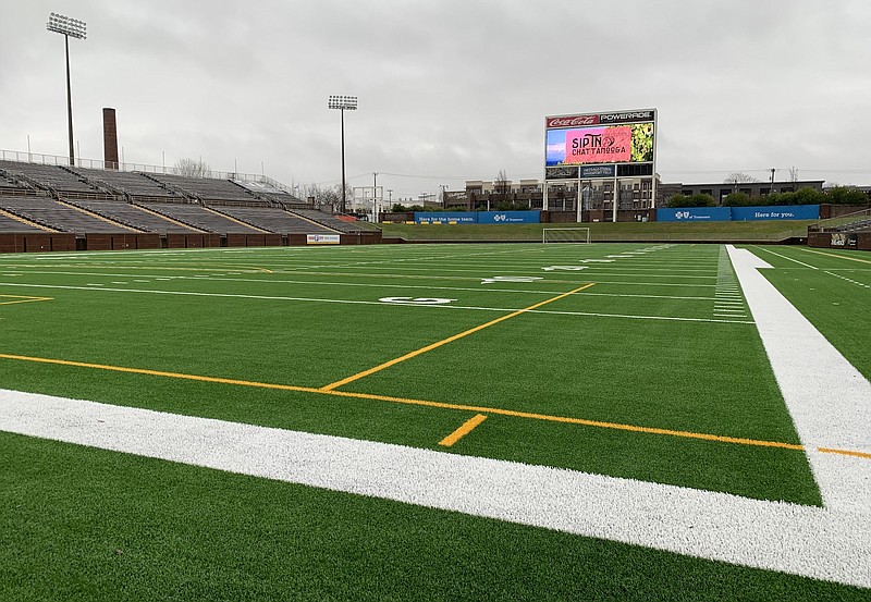 The new AstroTurf surface at Finley Stadium has been installed with time to spare before the Chattanooga FC's home opener on March 14. / Staff photo by David Paschall