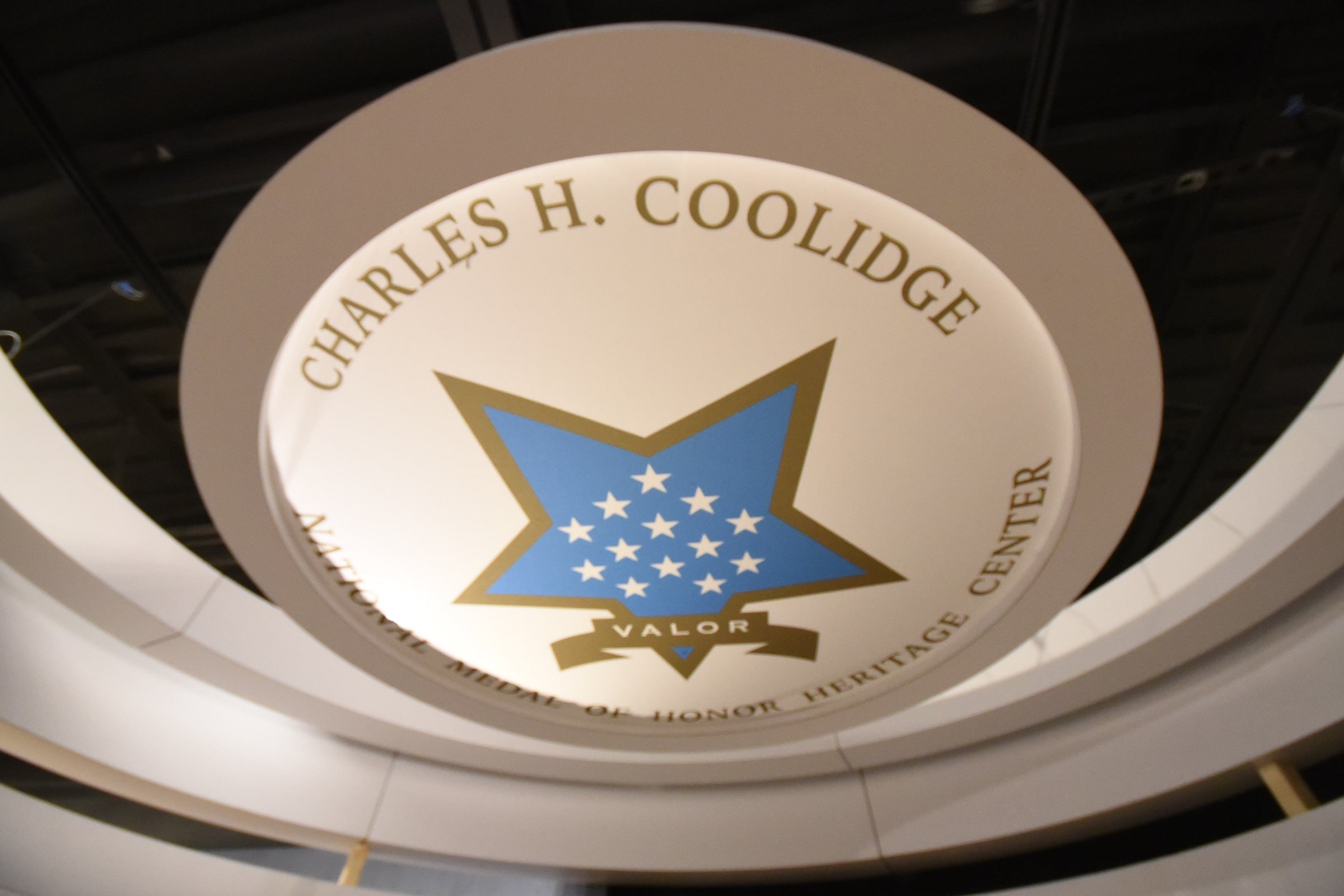 Staff Photo by Tim Barber/ This Charles H. Coolidge seal is placed in the ceiling inside the Charles H. Coolidge National Medal of Honor Heritage Center.