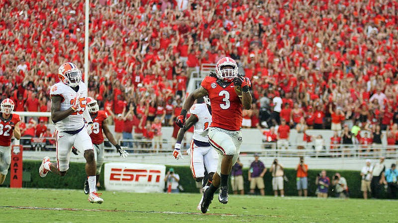 University of Georgia photo / Georgia running back Todd Gurley had a 100-yard kickoff return for a touchdown during a 45-21 win over Clemson in 2014, which was the last meeting between the Bulldogs and Tigers.