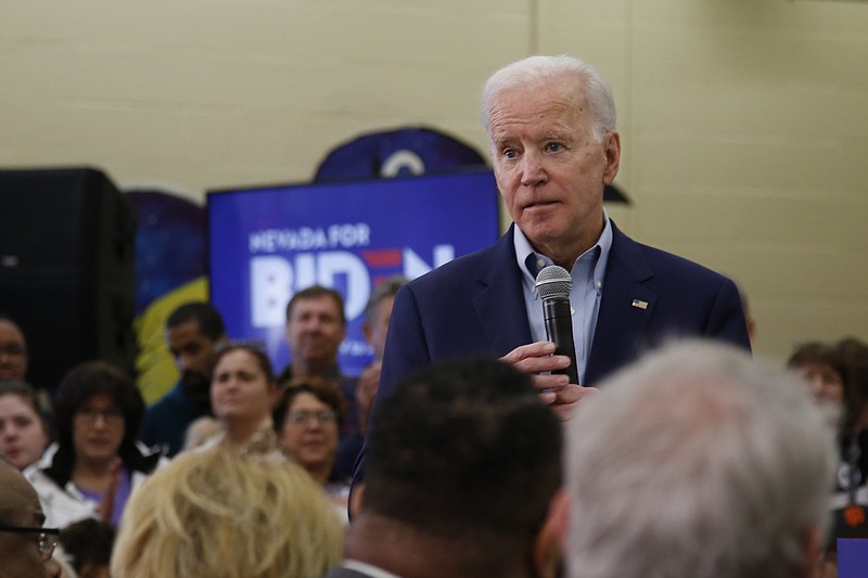 Photo by Rich Pedroncelli of The Associated Press / Democratic presidential candidate, former Vice President Joe Biden, speaks at a campaign event in Reno, Nevada, on Monday, Feb. 17, 2020.