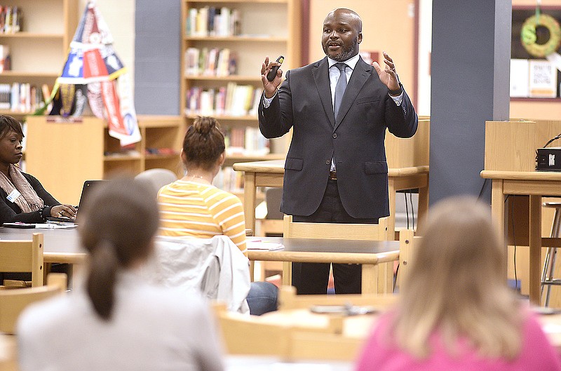 Staff Photo by Robin Rudd /  Hamilton County Schools Superintendent Bryan Johnson opens the session at the media center of the Howard School.  Hamilton County Schools senior leadership team and Superintendent Bryan Johnson held a community listening sessions to gain insight on the community's priorities at the Howard School on February 18, 2020.