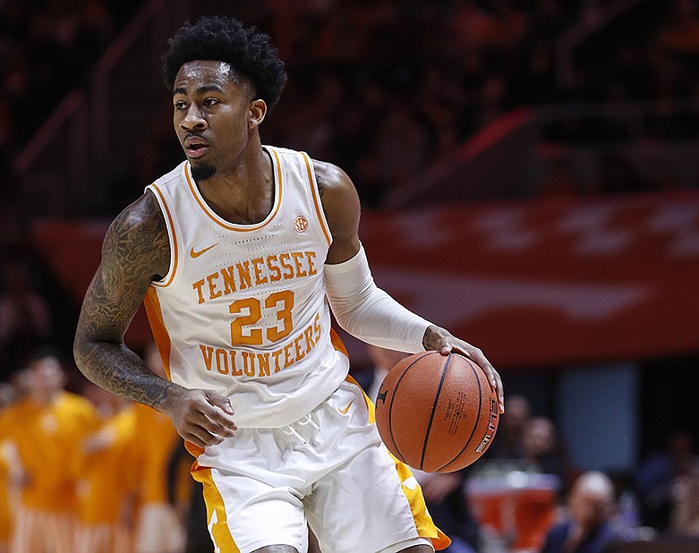 Tennessee guard Jordan Bowden (23) brings the ball up court during an NCAA college basketball game against Kentucky Saturday, Feb. 8, 2020, in Knoxville, Tenn. Kentucky won 77-64. (AP Photo/Wade Payne)