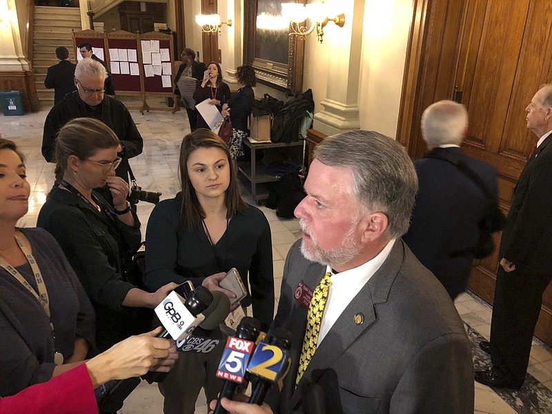 House Appropriations Committee Chairman Terry England speaks to reporters Tuesday, Feb. 18, 2020, at the Georgia Capitol in Atlanta, after his committee passed an amended midyear budget. The spending plan shifts tens of millions to lawmakers' priorities from Gov. Brian Kemp's plan (AP Photo/Jeff Amy)


