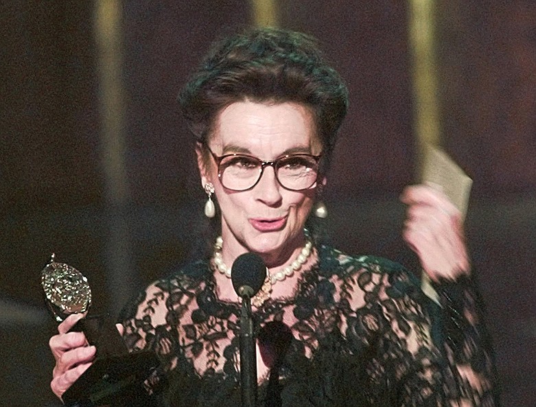 In this June 2, 1996, file photo, Zoe Caldwell holds her award for Leading Actress in a Play for her role in "Master Class" at the 50th Annual Tony Awards in New York. Caldwell, a four-time Tony Award winner famous for portraying larger-than-life characters, has died. Her son Charlie Whitehead said Caldwell died peacefully Sunday, Feb. 16, 2020, at her home in Pound Ridge, New York. She was 86. Whitehead said her death was due to complications from Parkinson's disease. (AP Photo/Ron Frehm, File)