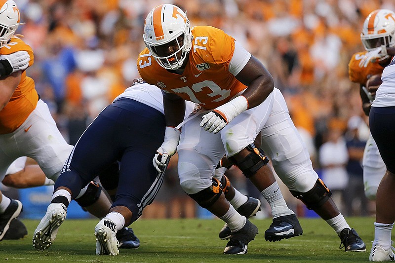 Staff photo by C.B. Schmelter / Tennessee offensive lineman Trey Smith hustles off the line of scrimmage during a home game against BYU on Sept. 7, 2019.