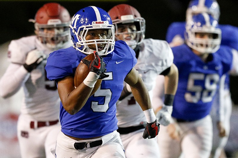 Staff photo by C.B. Schmelter / McCallie running back B.J. Harris (5) heads downfield for a 49-yard gain against Montgomery Bell Academy during the TSSAA Division II-AAA BlueCross Bowl state title game on Dec. 5, 2019, at Tennessee Tech. Harris rushed for 88 yards on 15 carries to help the Blue Tornado win 28-7. Harris is one of five Chattanooga-area players 247Sports.com has ranked in the top 1,000 college football prospects for 2021.
