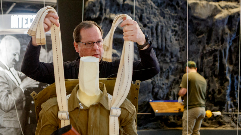 Staff photo by C.B. Schmelter / David Currey, with Encore Interpretive Design, works on the statue of Paul Bert Huff at the Charles H. Coolidge National Medal of Honor Heritage Center on Thursday, Feb. 20, 2020 in Chattanooga, Tenn. The Center will open this weekend on Feb. 22.