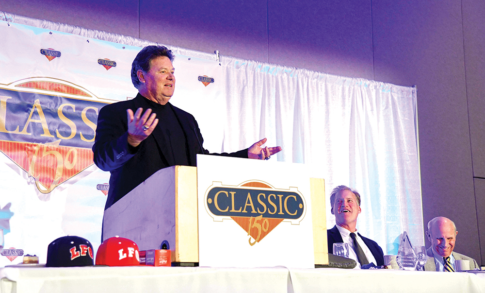 Rick Honeycutt tells stories during the Classic 150 dinner./ Photo by Mark Gilliland