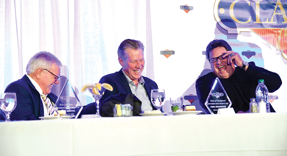 Dave Bristol, Orel Hershiser and Rick Honeycutt have a laugh during the roast./ Photo by Mark Gilliland