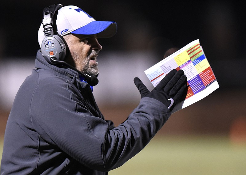 Staff photo by Robin Rudd / Justin Brown encourages Trion football players during a postseason game against Dooly County in November 2017. Brown, the Bulldogs' head coach the past eight seasons, has resigned from that position and is looking for a coaching position at another program.