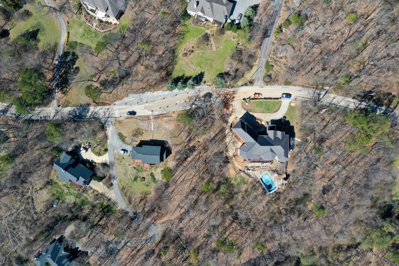 Photo Provided Courtesy of 148 Films by Skip Skipper / This aerial photograph shows a cluster of homes in an area along the 1300 block of Sunset Drive on Signal Mountain where Emergency Management officials say a shifting shelf has endangered the structural integrity of at least one home.