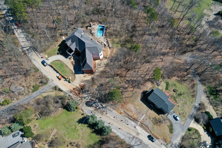 Photo Provided Courtesy of 148 Films by Skip Skipper / This aerial photograph shows a cluster of homes in an area along the 1300 block of Sunset Drive on Signal Mountain where Emergency Management officials say a shifting shelf has endangered the structural integrity of at least one home.