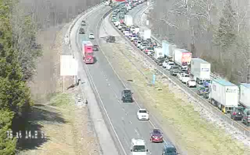 Heavy traffic is seen on I-75 North in Ooltewah, Tennessee, after a cargo fire caused the roadway to shut down on Friday, Feb. 21, 2020. / Photo from TDOT SmartWay traffic camera