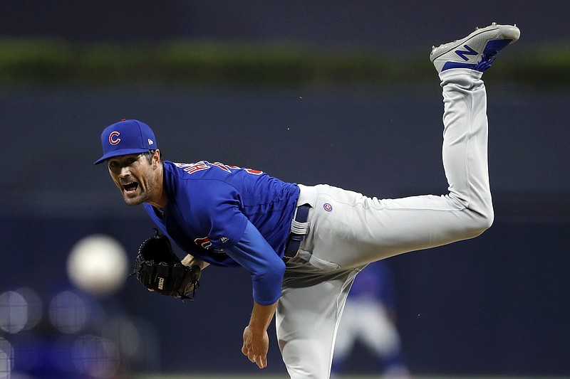 AP photo by Gregory Bull / Cole Hamels delivers to a San Diego Padres batter while pitching for the Chicago Cubs on Sept. 11, 2019. Hamels is now with the Atlanta Braves.