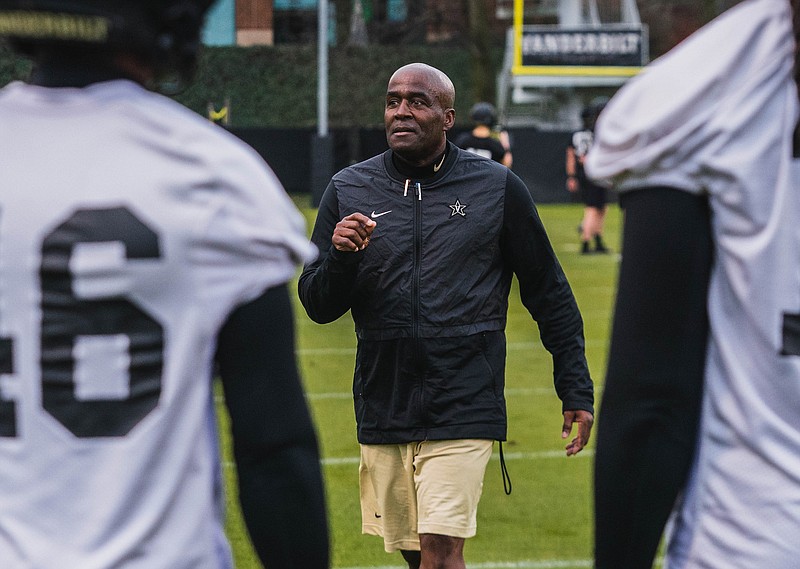 Vanderbilt University photo / New Vanderbilt receivers coach Tony Ball works Tuesday during the first spring football practice for the Commodores.