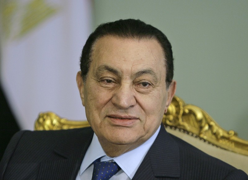FILE - In this April 2, 2008 file photo, Egyptian President Hosni Mubarak looks attends a meeting at the Presidential palace, in Cairo, Egypt. Egypt state TV said Tuesday, Feb. 25, 2020. that the country's former President Hosni Mubarak, ousted in the 2011 uprising, has died at 91. (AP Photo/Amr Nabil, File)